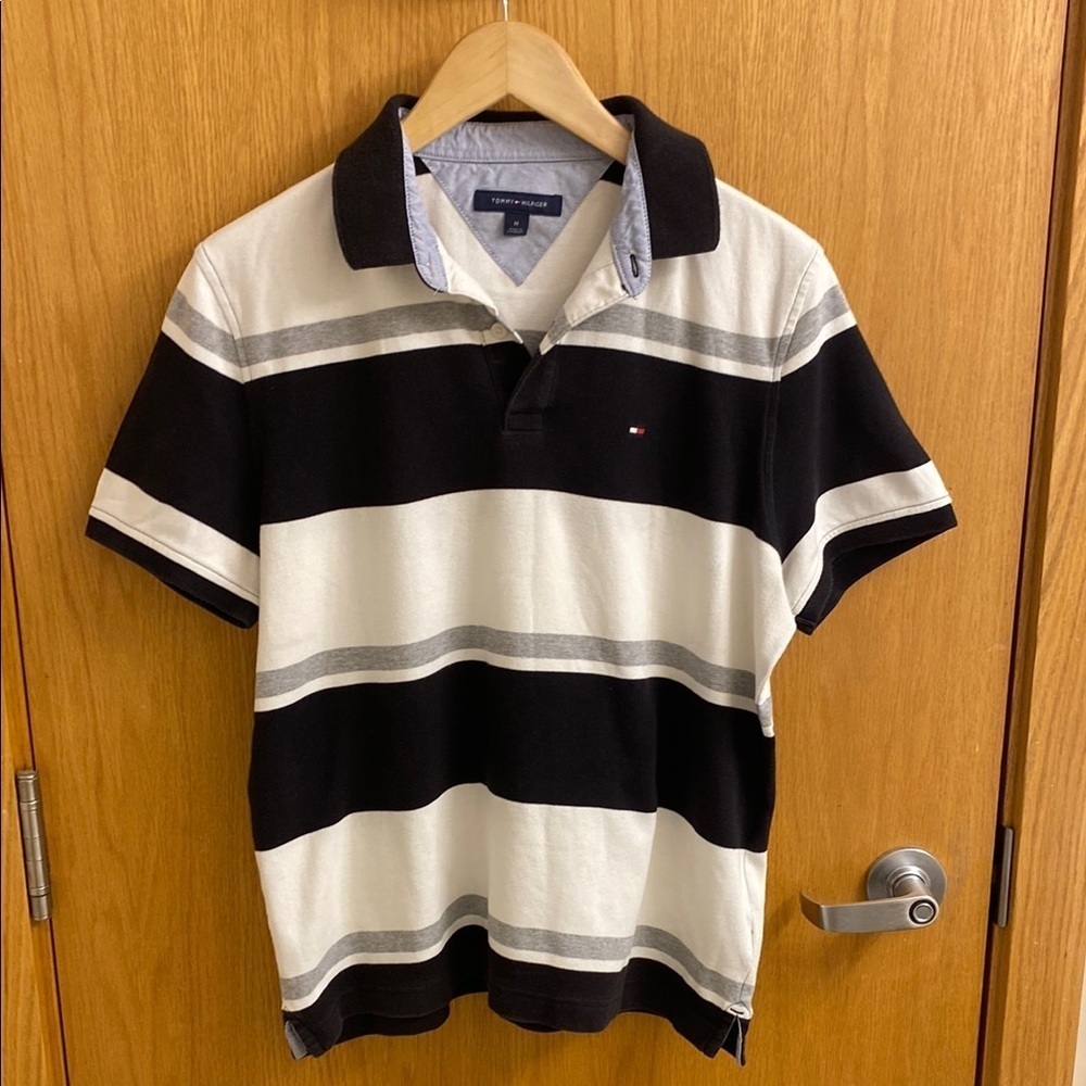 Tommy Hilfiger Women’s Polo Short Sleeve Shirt Striped White Grey Golf Medium